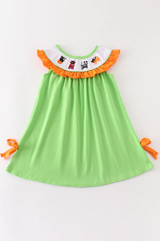Green Halloween Cat Embroidery Dress