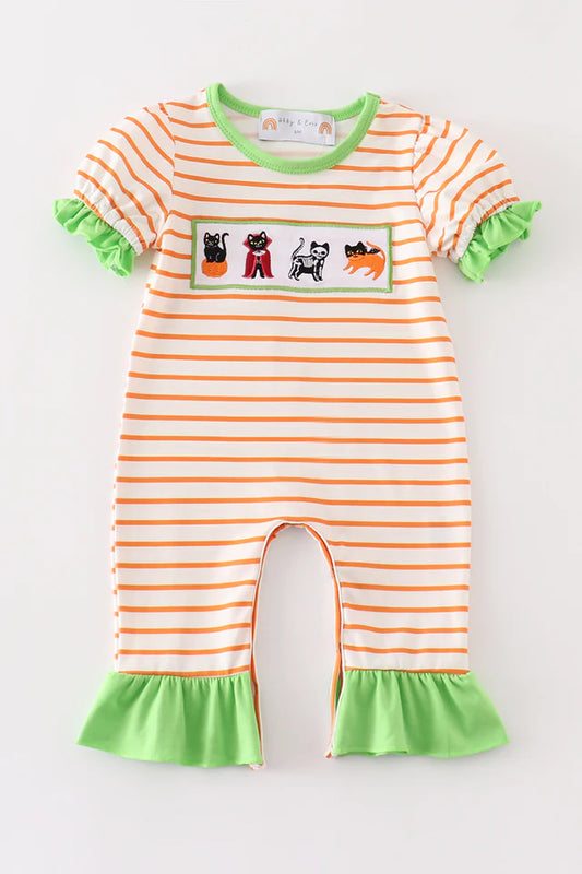 Green Halloween Cat Embroidery Girl Romper
