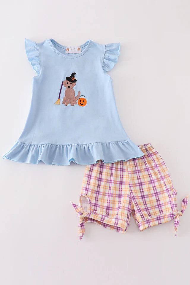 Halloween Witch Dog Embroidery Girl Shorts Set