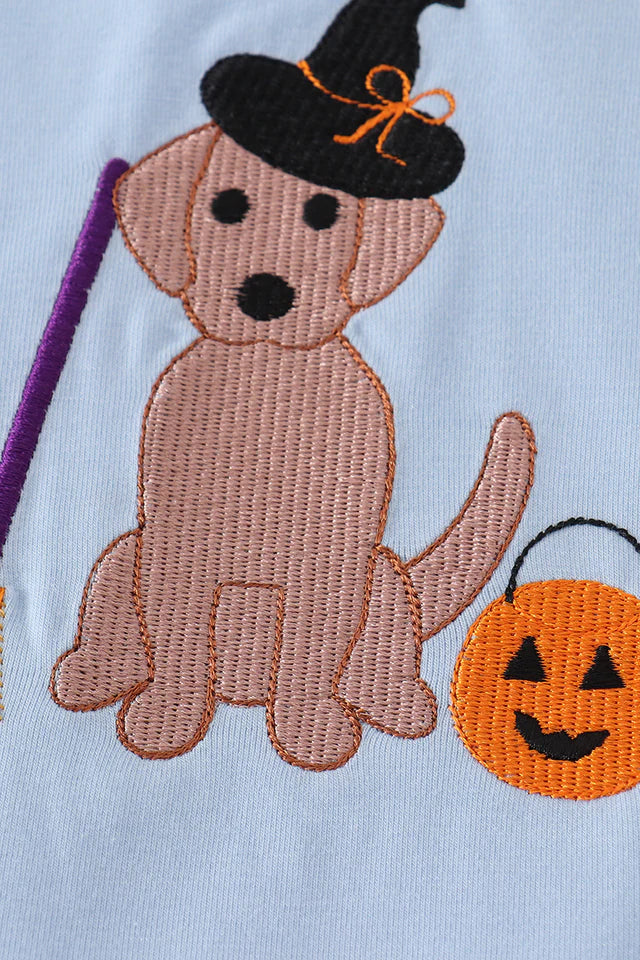 Halloween Witch Dog Embroidery Girl Shorts Set