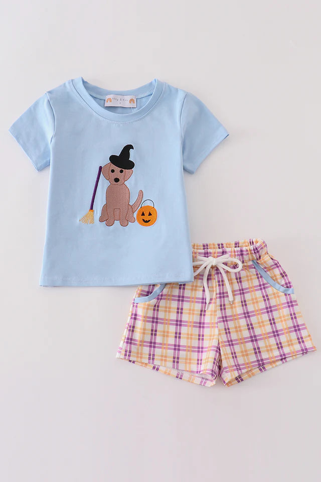Halloween Witch Dog Embroidery Boy Shorts Set