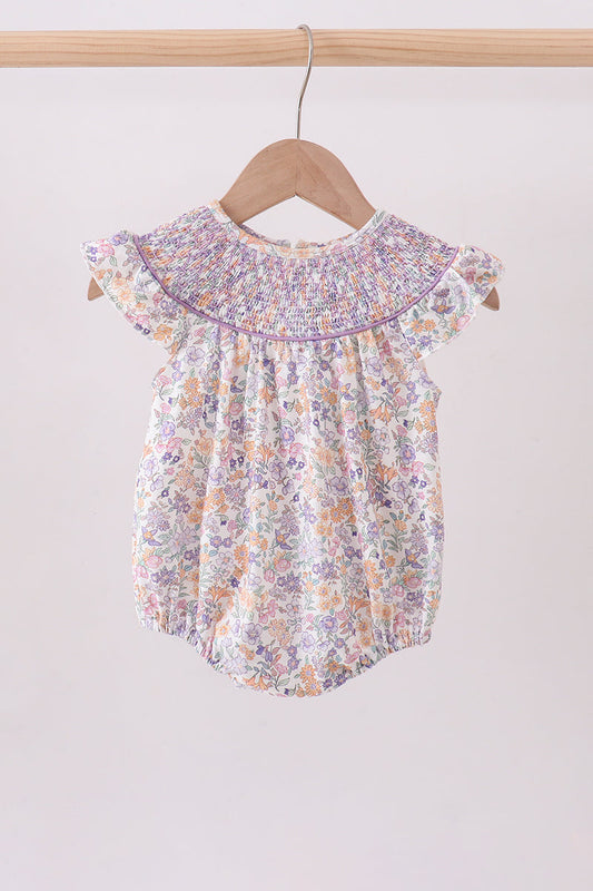 Purple Floral Smocked Ruffle Bubble