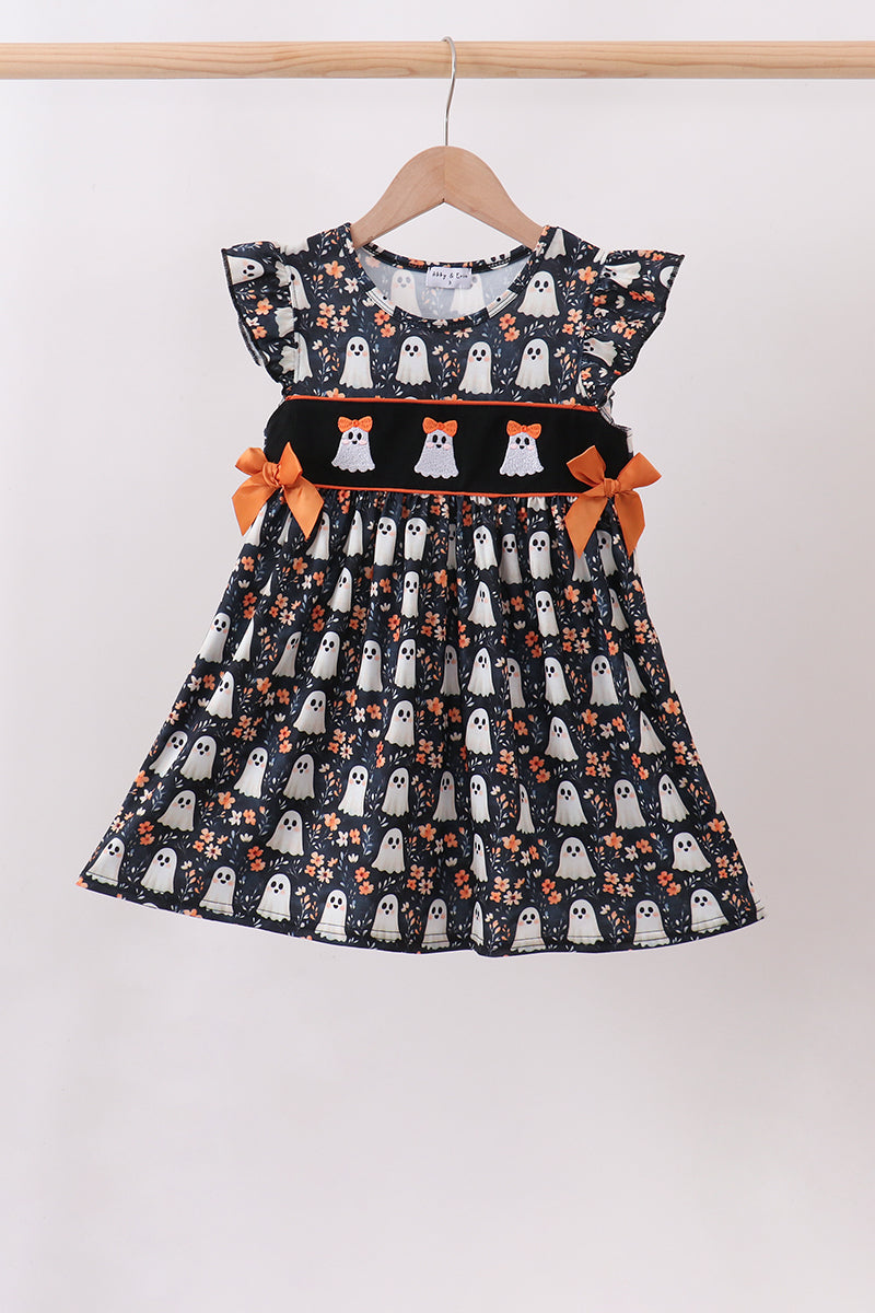 Orange Ghost Embroidery Ruffle Dress