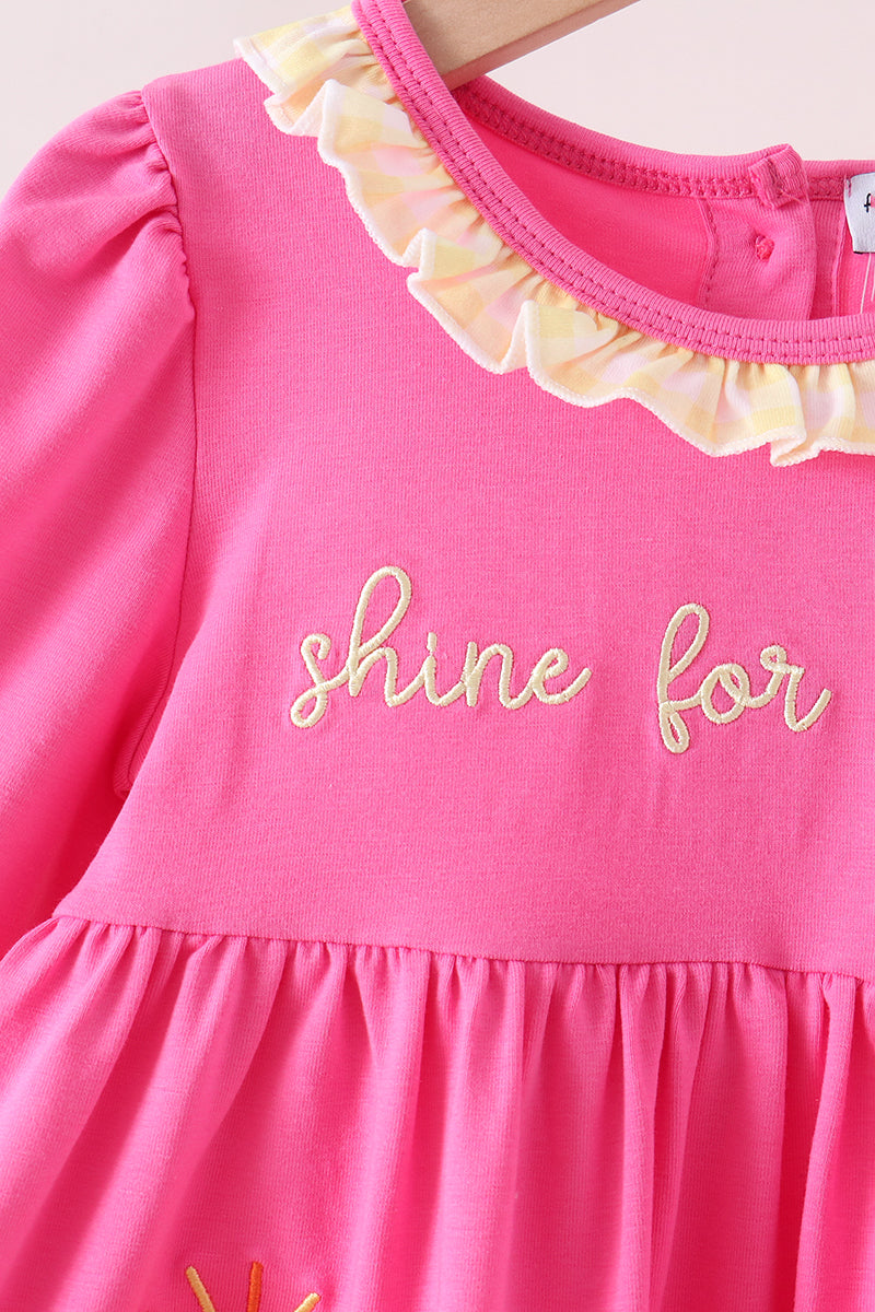 Pink shine for jesus embroidery pocket ruffle dress