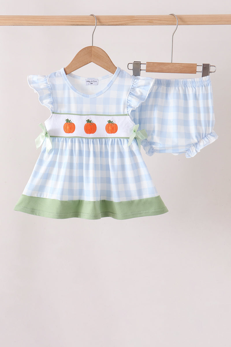 Blue Pumpkin Embroidery Gingham Bloomer set