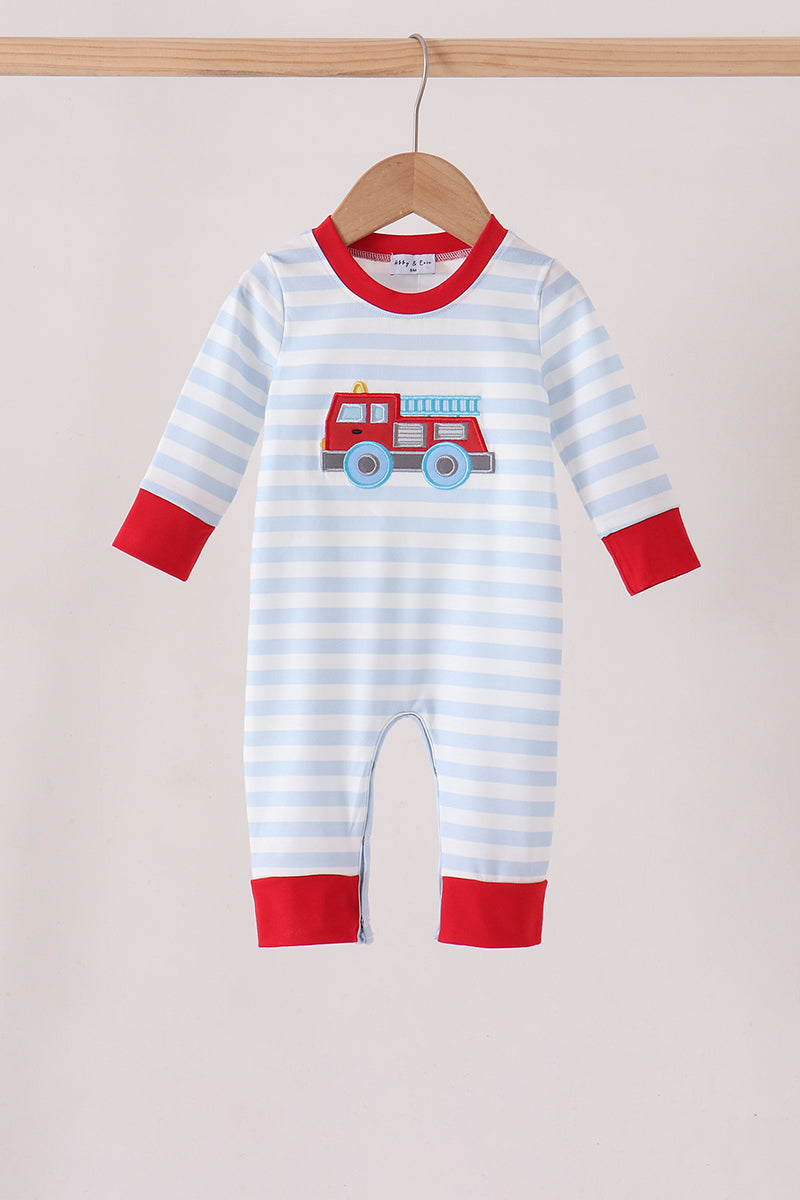 Blue stripe firetruck applique romper