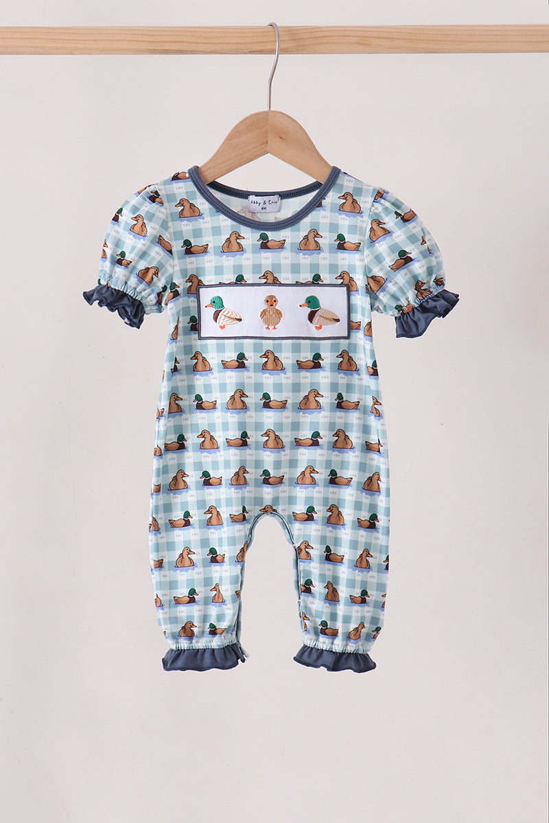 Blue mallard duck embroidery ruffle romper