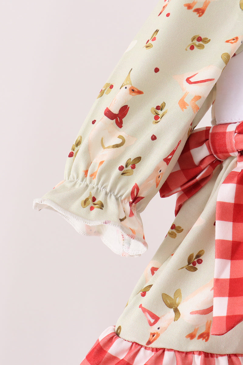 Goose embroidery ruffle gingham bloomer set