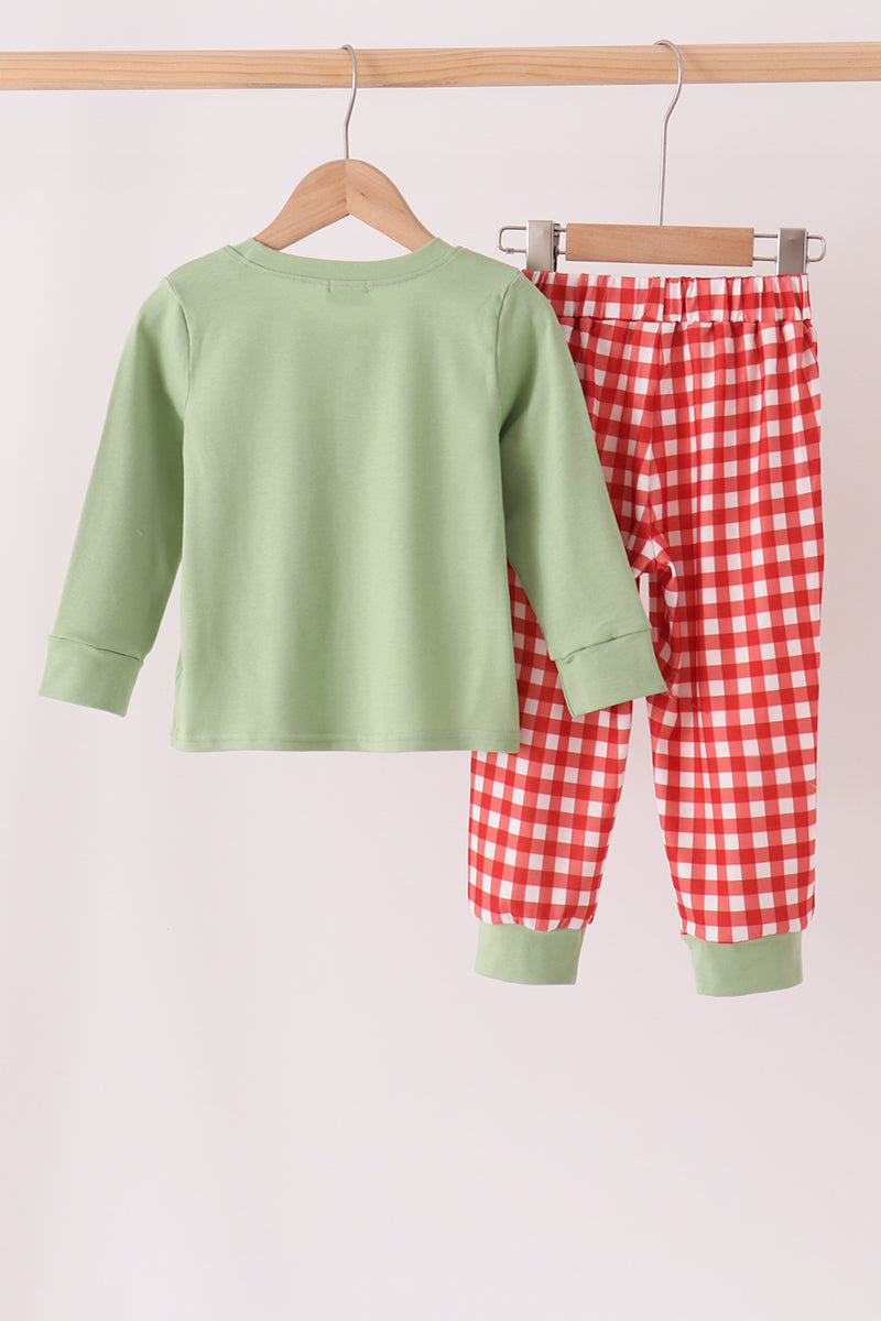 Sage goose embroidery gingham pants set