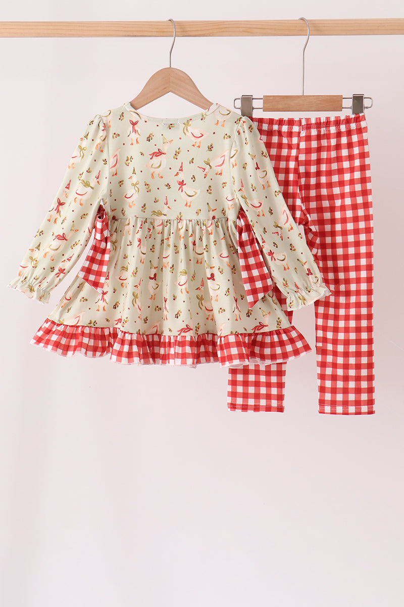 Goose embroidery ruffle gingham pants set