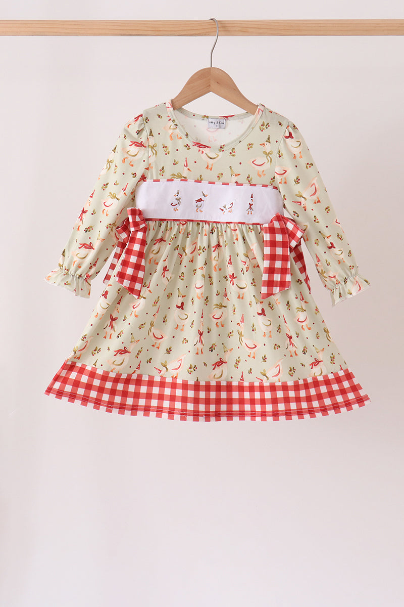 Goose embroidery ruffle gingham dress