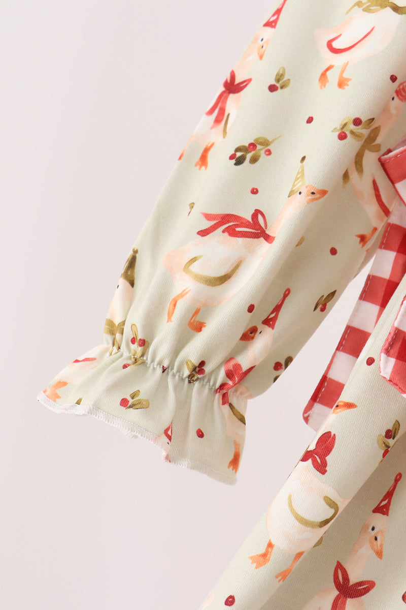 Goose embroidery ruffle gingham dress