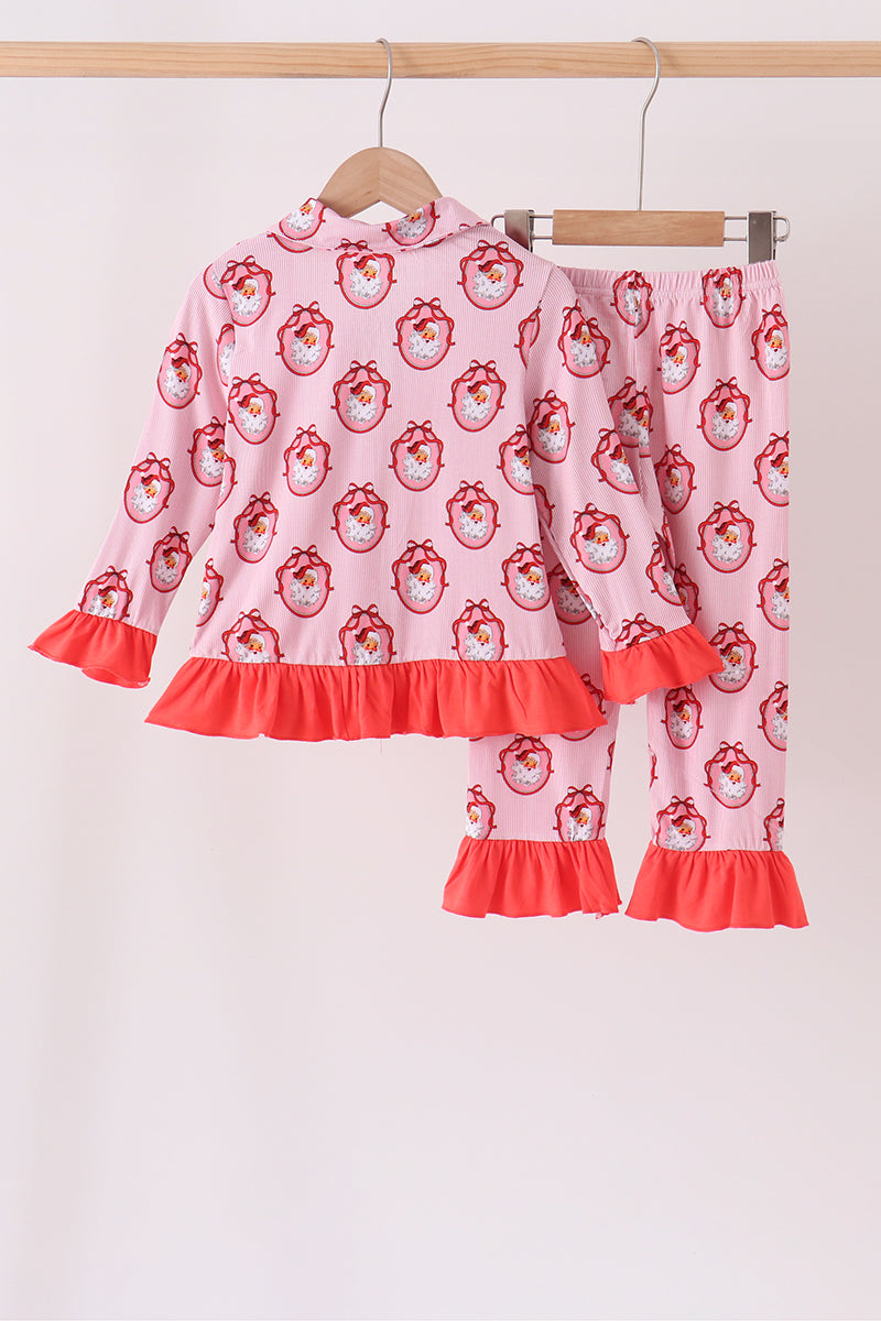 Pink santa claus bamboo ruffle pajama set