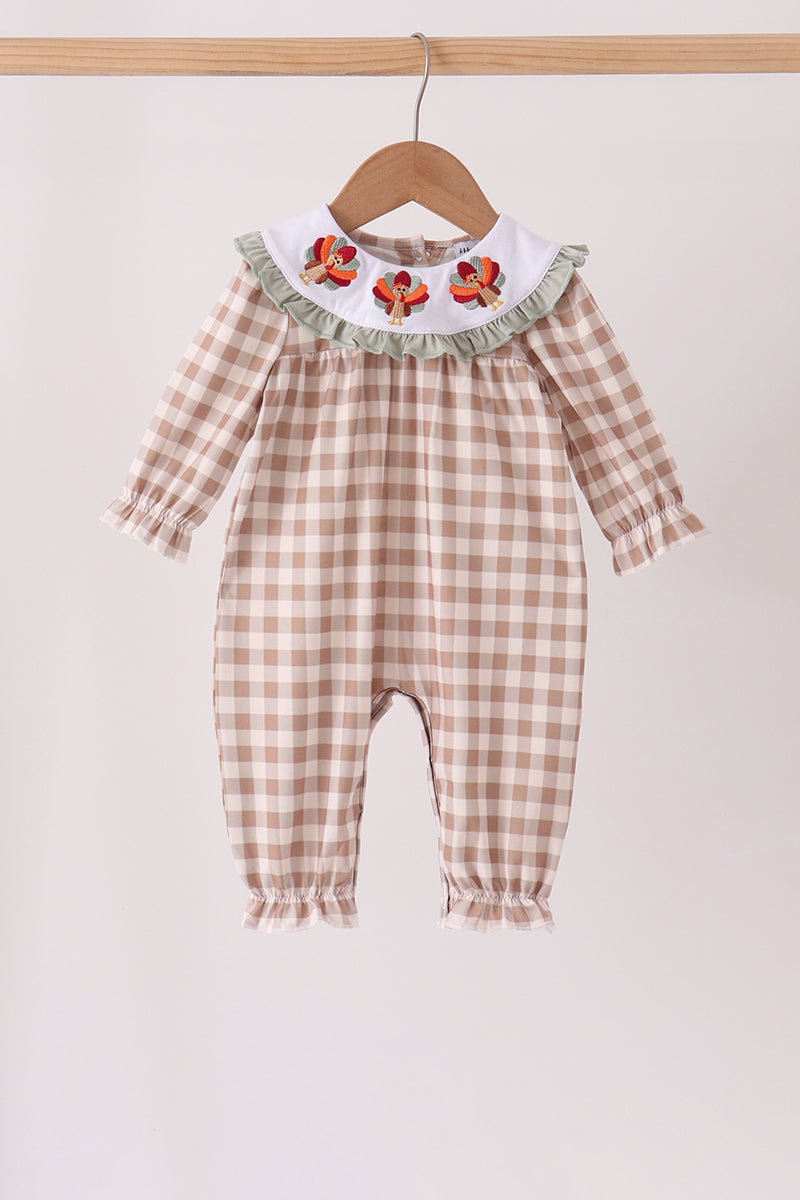 Brown turkey embroidery gingham ruffle romper