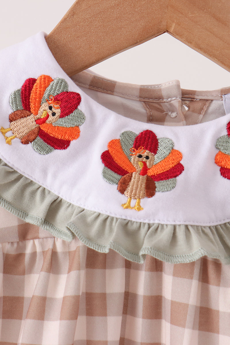 Brown turkey embroidery gingham ruffle romper