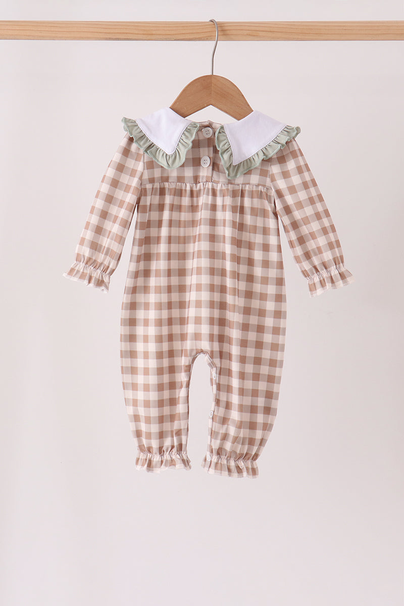Brown turkey embroidery gingham ruffle romper