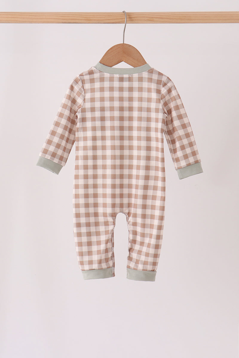 Brown turkey embroidery gingham romper