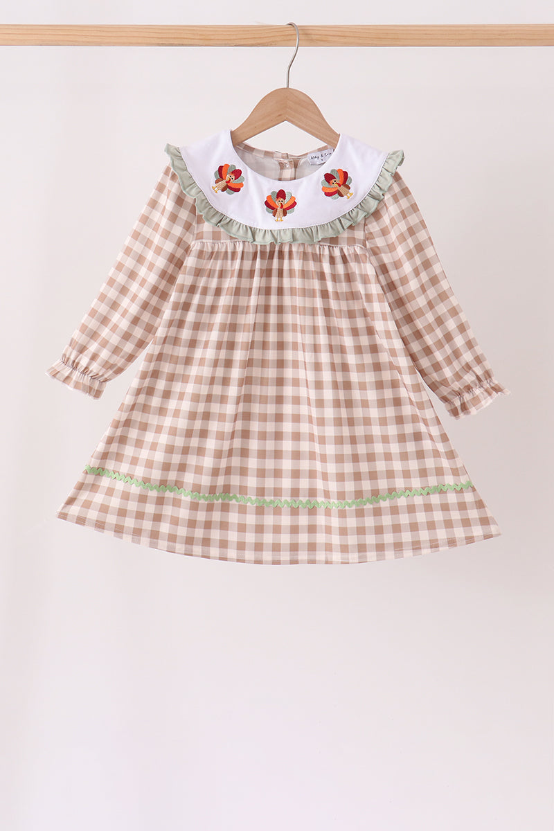 Brown turkey embroidery gingham ruffle dress
