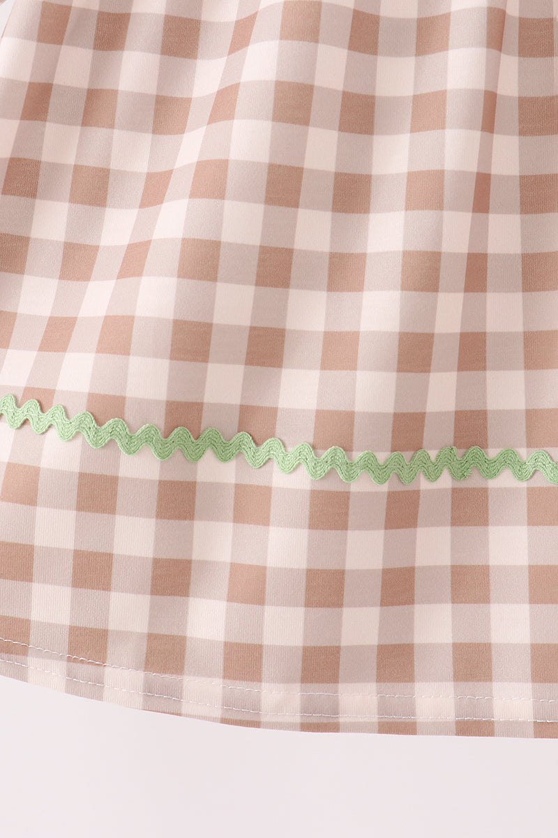 Brown turkey embroidery gingham ruffle dress