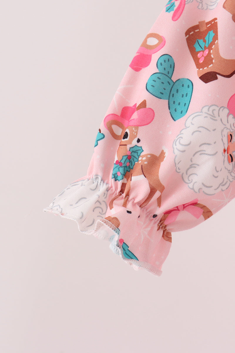 Pink Cowboy Santa Embroidery Ruffle Bubble