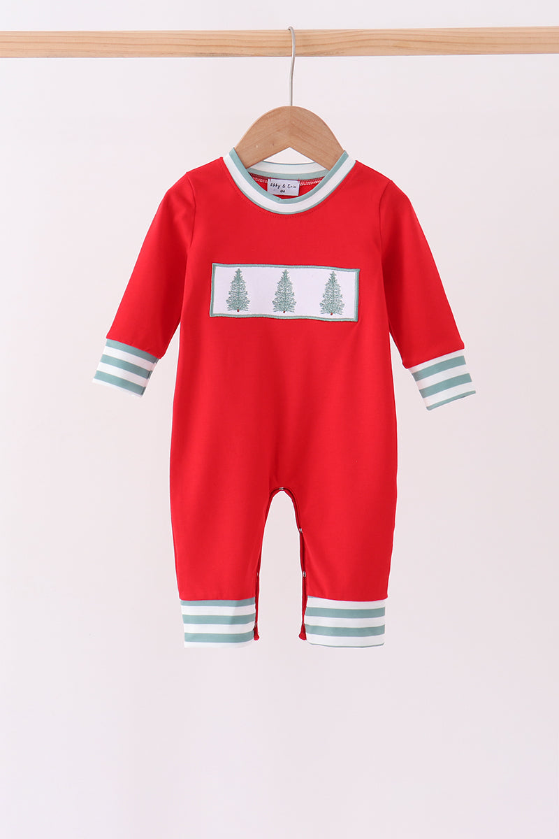 Red Christmas Tree Embroidery Romper