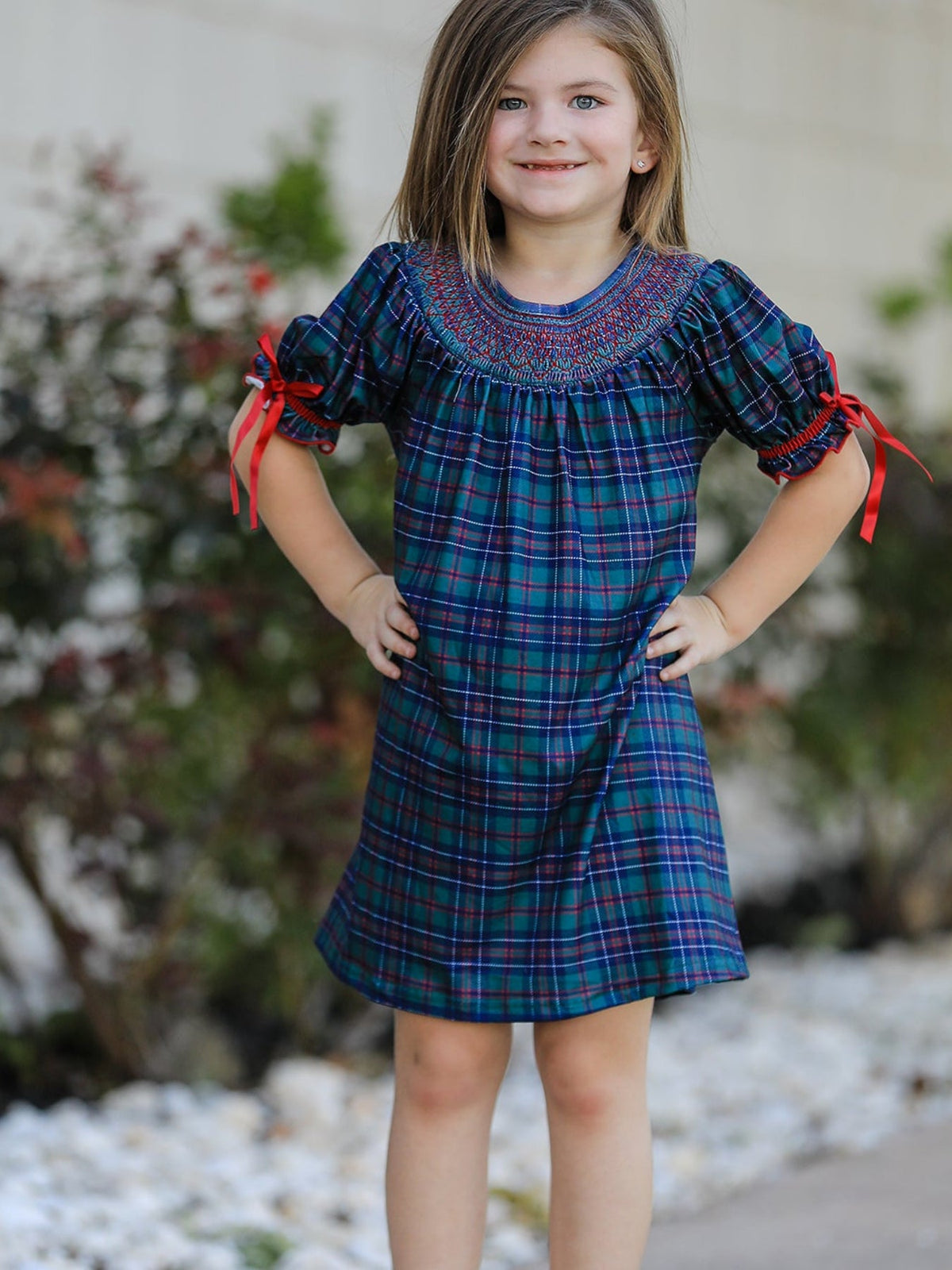 Christmas Girls Plaid Smocked Dres Puff Sleeves