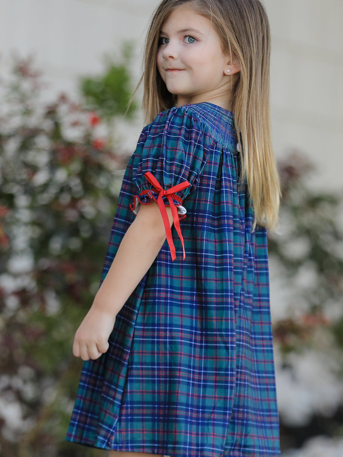 Christmas Girls Plaid Smocked Dres Puff Sleeves
