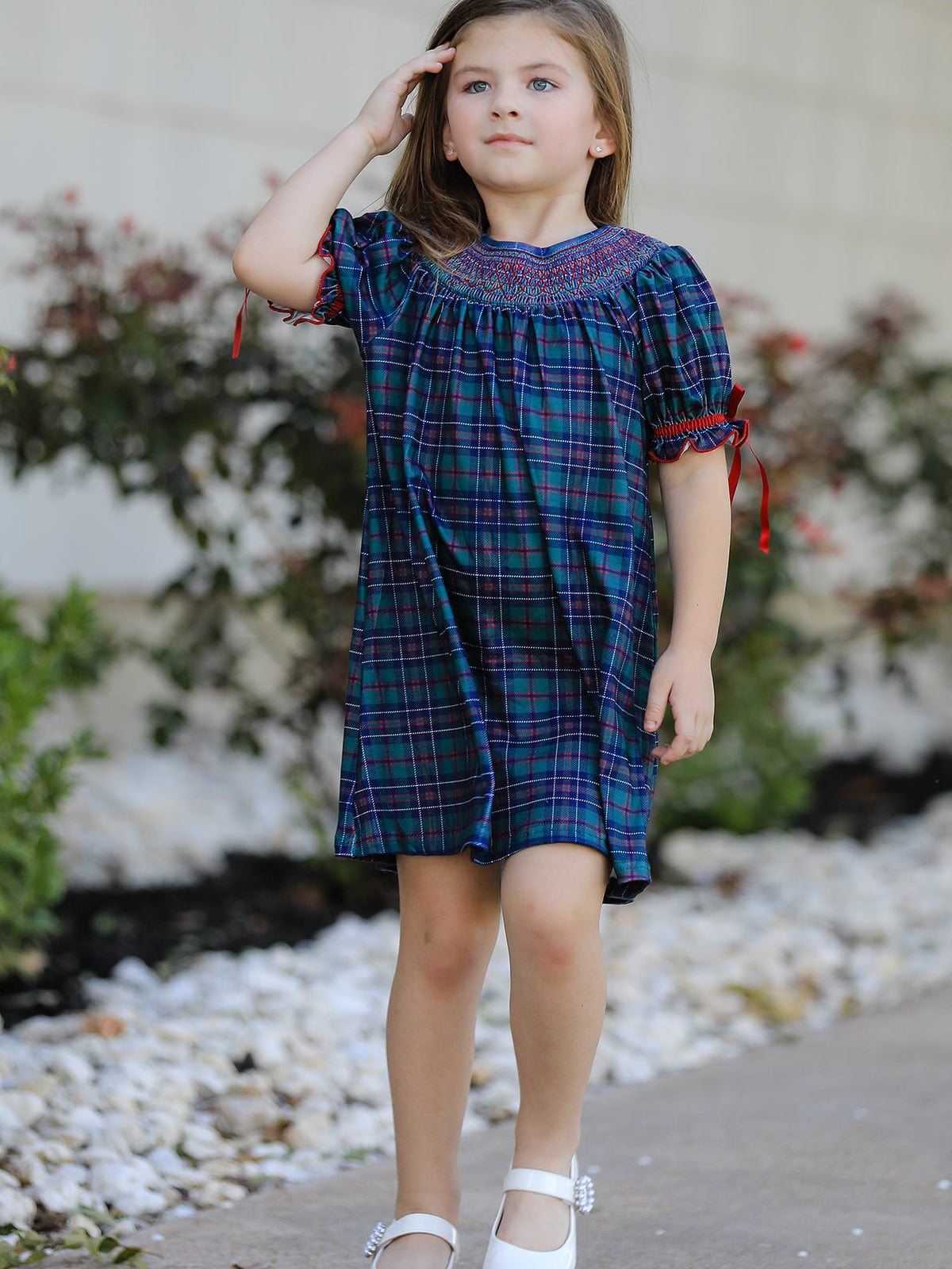 Christmas Girls Plaid Smocked Dres Puff Sleeves