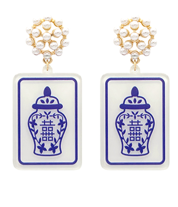 Mahjong Earrings - Blue and White Ginger Jar