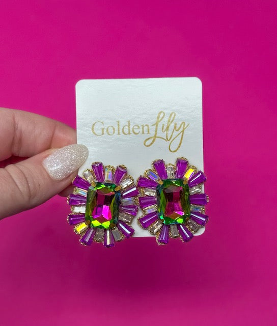 Mardi Gras Large Statement Stud Earrings - Lavender