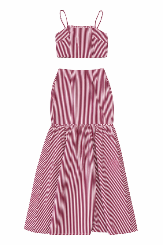 Women's Maroon and White Striped Maxi Skirt Set
