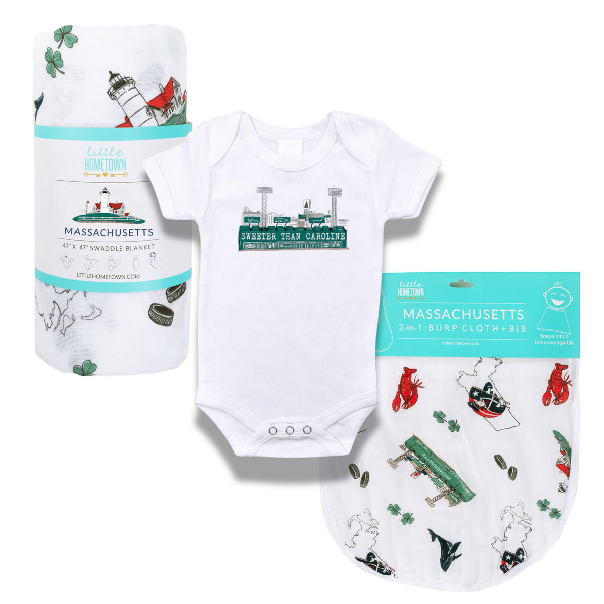 Massachusetts (Sweeter than Caroline) Newborn Gift Bundle: Swaddle, Bib & Onesie