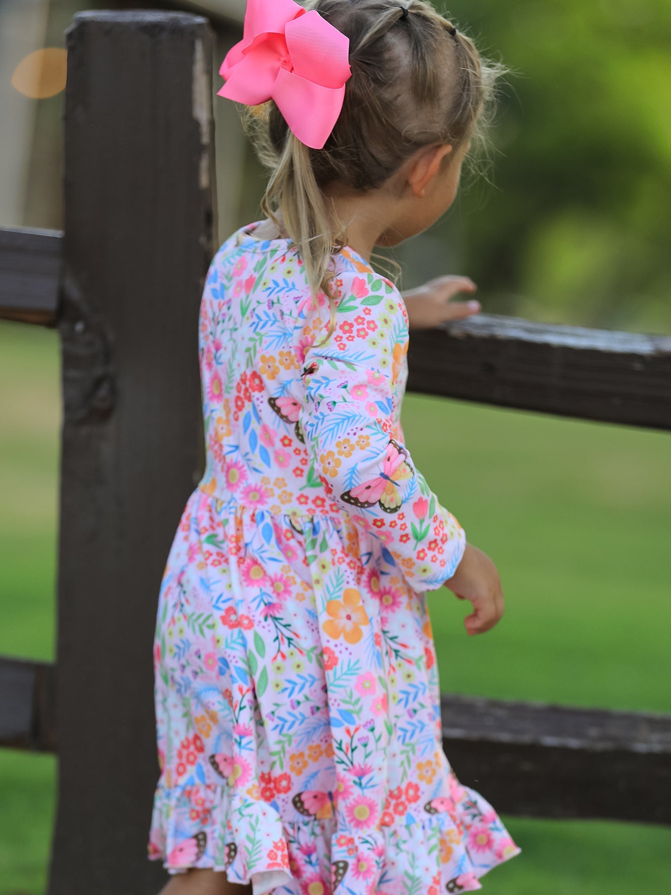 Fall Butterfly Floral Print Girls Ruffle Hem Twirl Dress