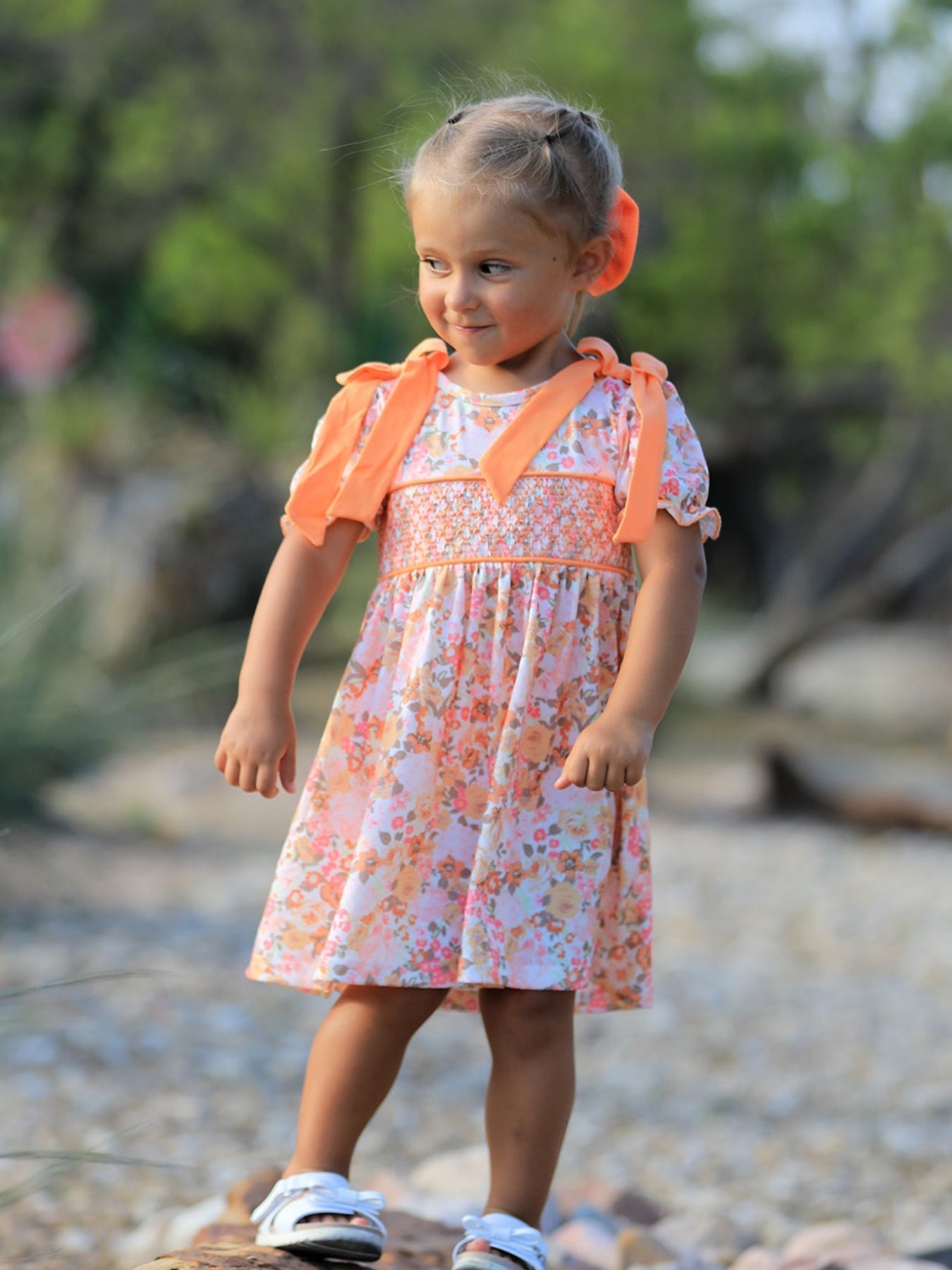 Peach Bow Smocked Floral Girl Dress
