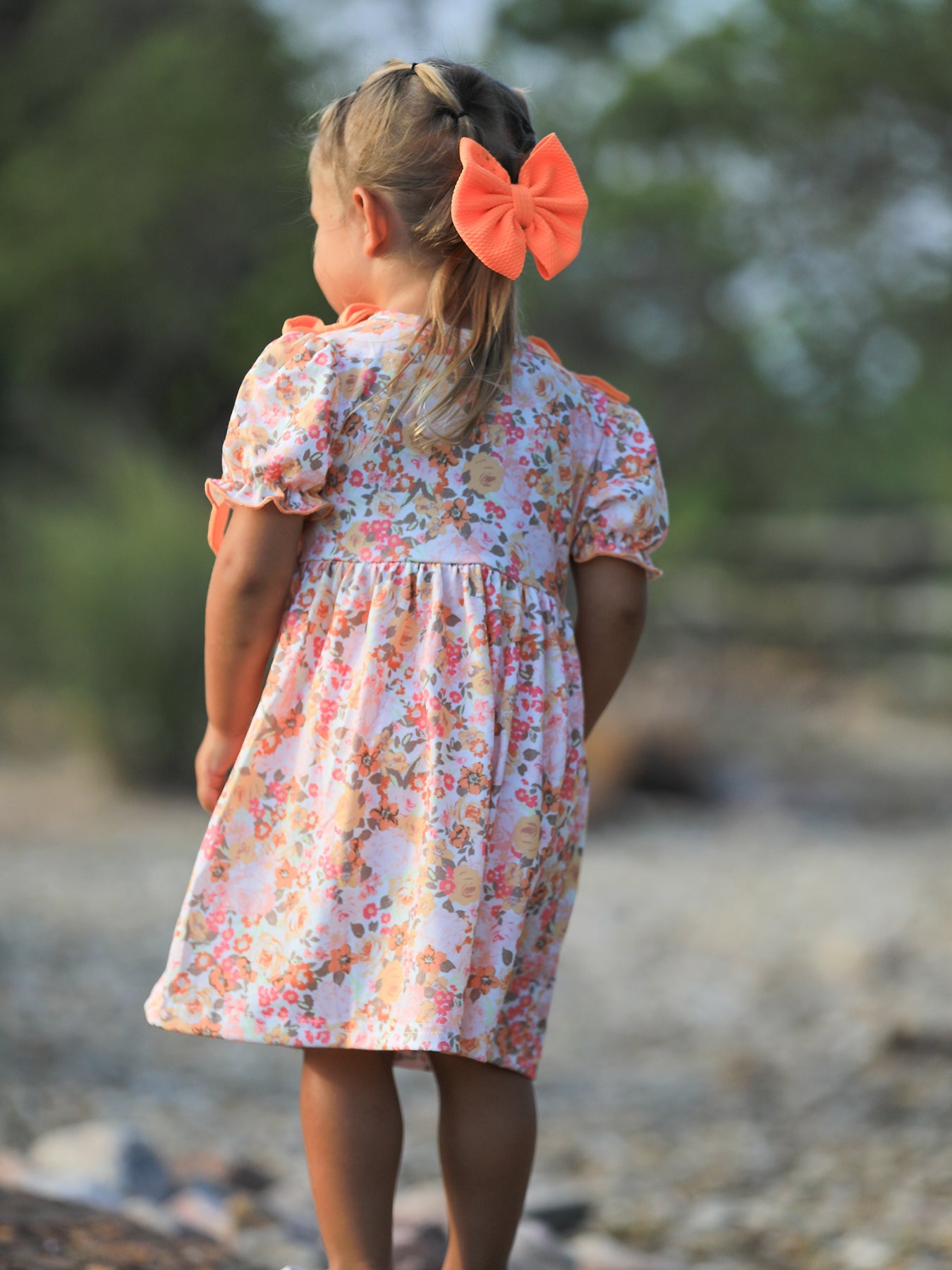 Peach Bow Smocked Floral Girl Dress