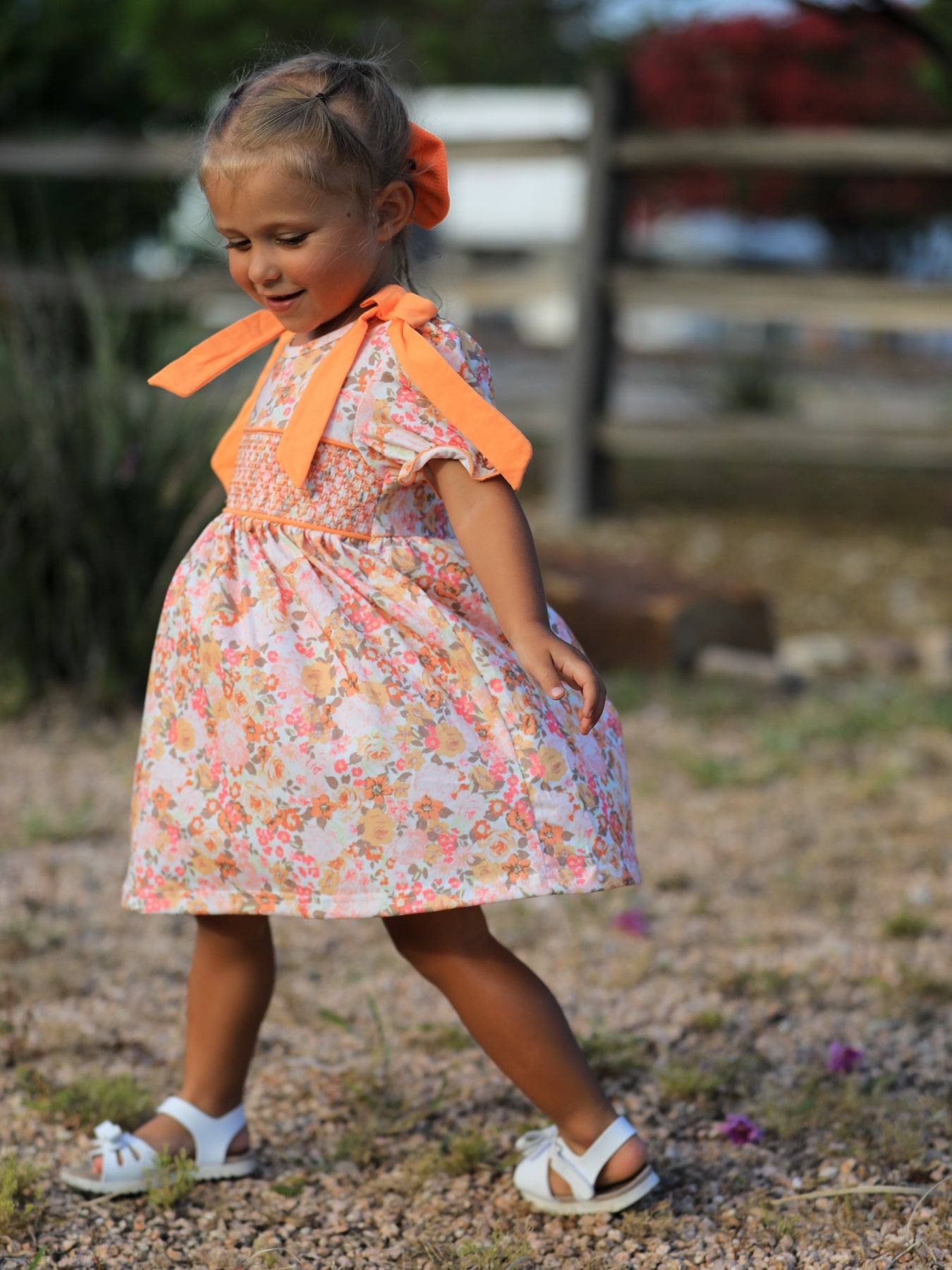 Peach Bow Smocked Floral Girl Dress