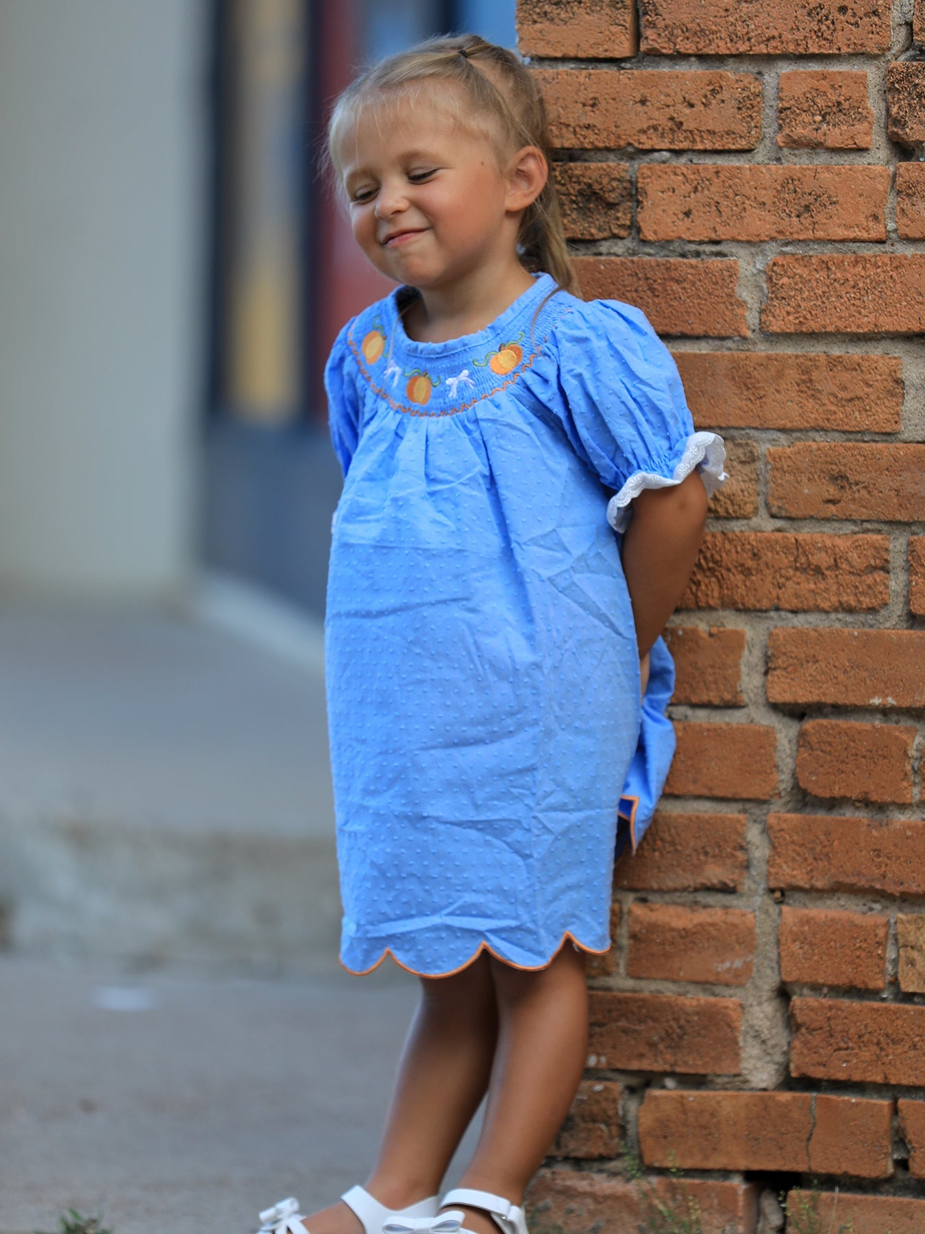 Blue Fall Thanksgiving&Halloween Pumpkin Smock Embroidery Lace Baby Girl Dress