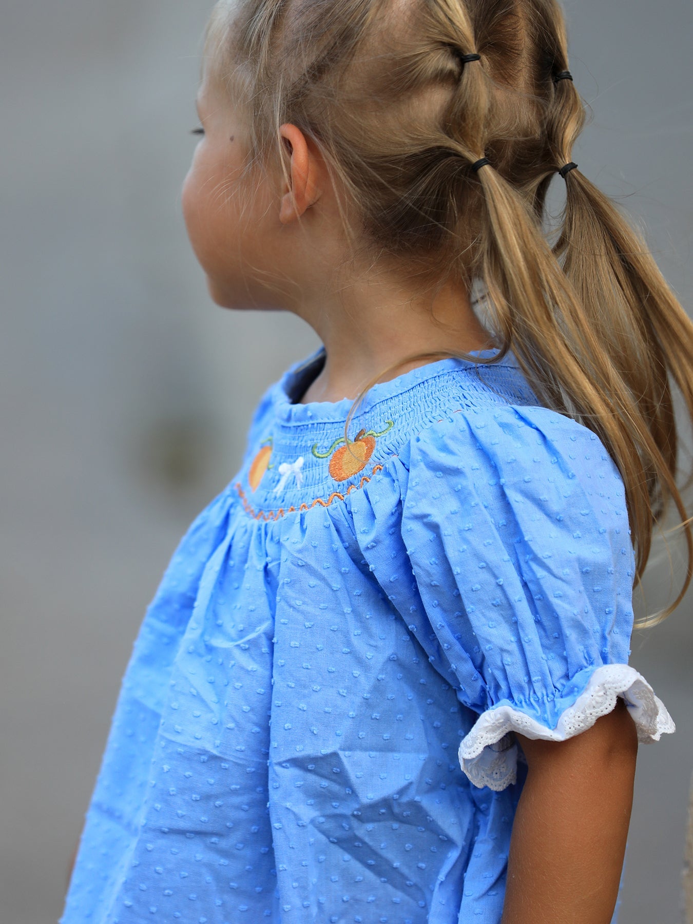 Blue Fall Thanksgiving&Halloween Pumpkin Smock Embroidery Lace Baby Girl Dress