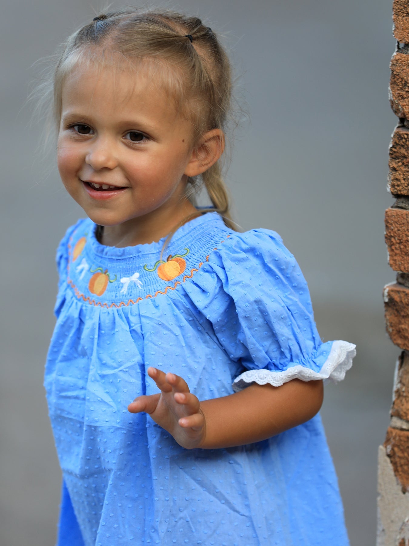 Blue Fall Thanksgiving&Halloween Pumpkin Smock Embroidery Lace Baby Girl Dress
