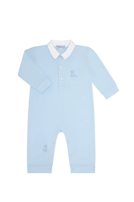 Blue Puppy Love Embroidery Romper LS