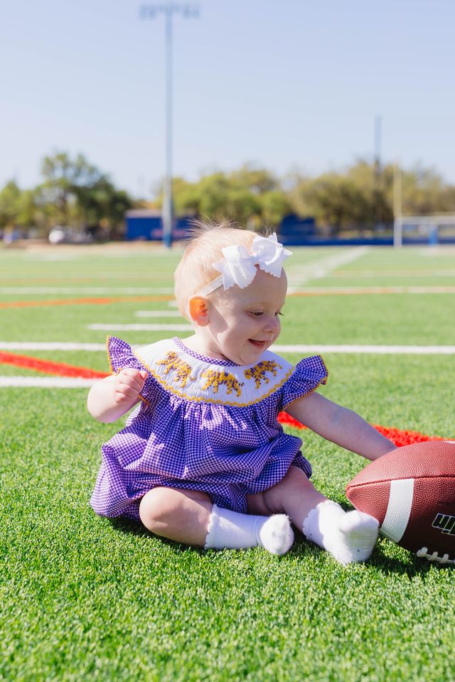 Girls Purple Tiger Smocked Bubble – LSU-Inspired Baby Girl Game Day Bubble | The Prissy Pelican Boutique Bossier City, LA