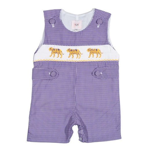 Boys Purple Tiger Smocked Jon Jon – LSU-Inspired Baby & Toddler Game Day Jon Jon | The Prissy Pelican Boutique Bossier City, LA