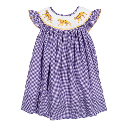Girls Purple Tiger Smocked Dress – LSU-Inspired Gingham Tiger Bishop Dress | The Prissy Pelican Boutique Bossier City, LA