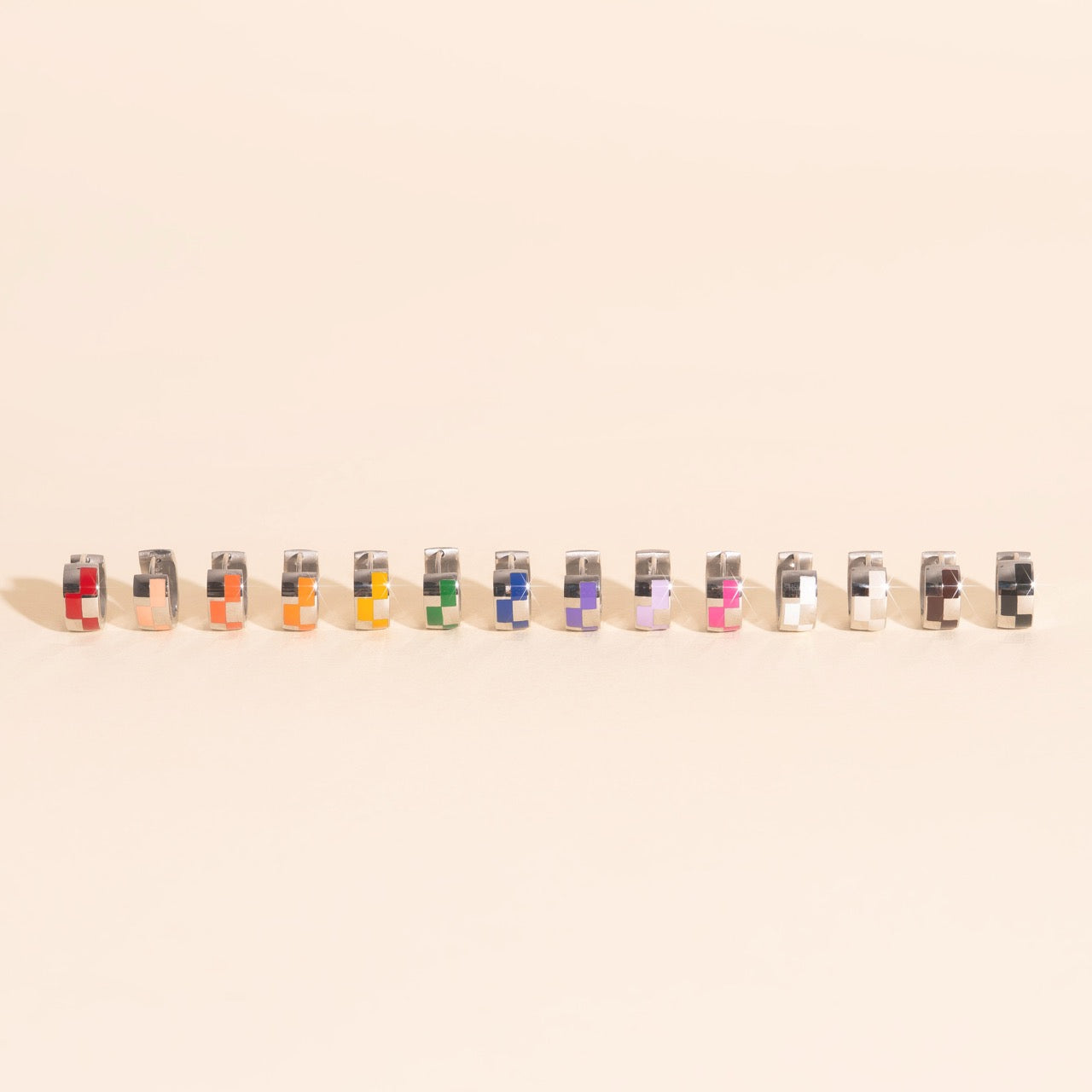 9mm Block Checkered Super Chunky Huggie Hoop Earrings