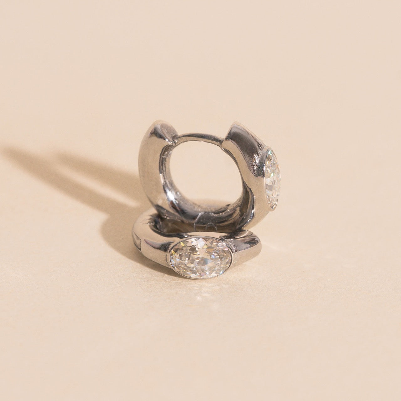 Oval Crystal Chunky Rounded Huggie Hoop Earrings