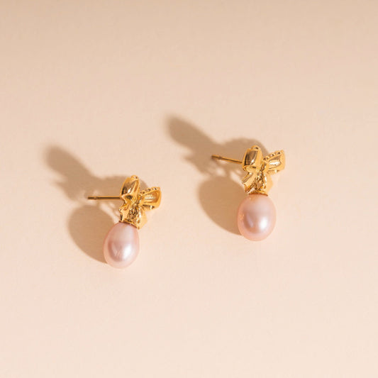 Bow Pearl Drop Stud Earrings