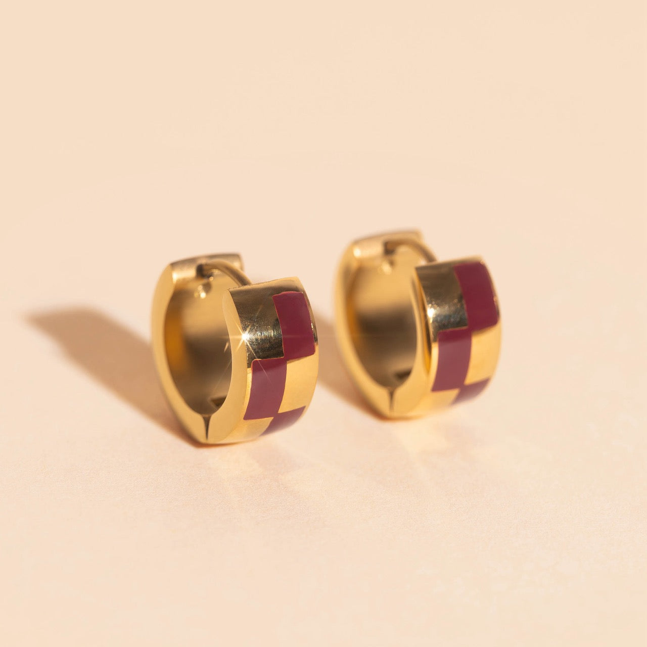 9mm Block Checkered Super Chunky Huggie Hoop Earrings