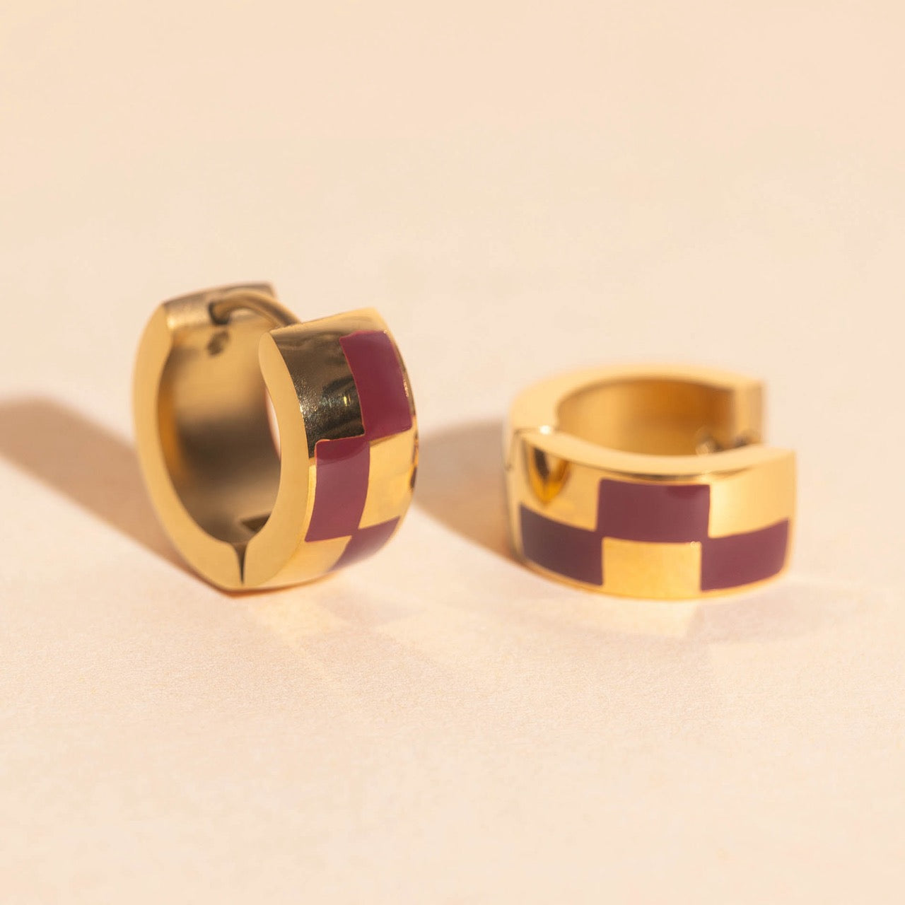9mm Block Checkered Super Chunky Huggie Hoop Earrings
