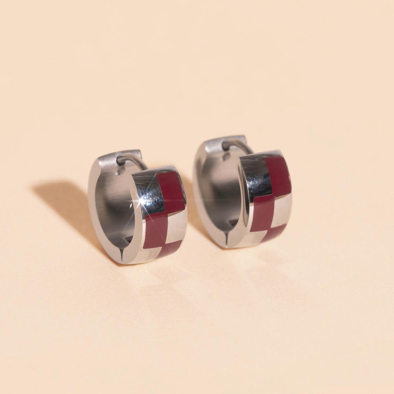 9mm Block Checkered Super Chunky Huggie Hoop Earrings
