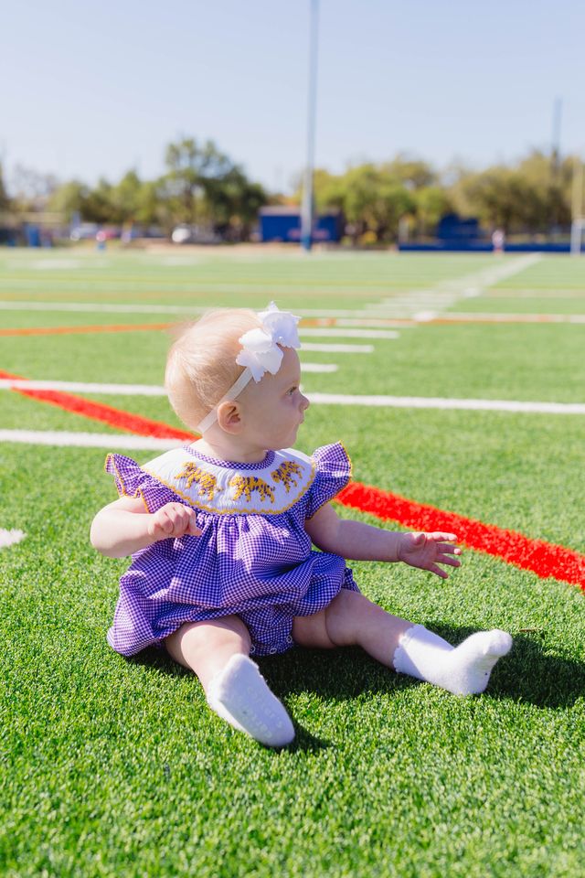 Girls Purple Tiger Smocked Bubble – LSU-Inspired Baby Girl Game Day Bubble | The Prissy Pelican Boutique Bossier City, LA